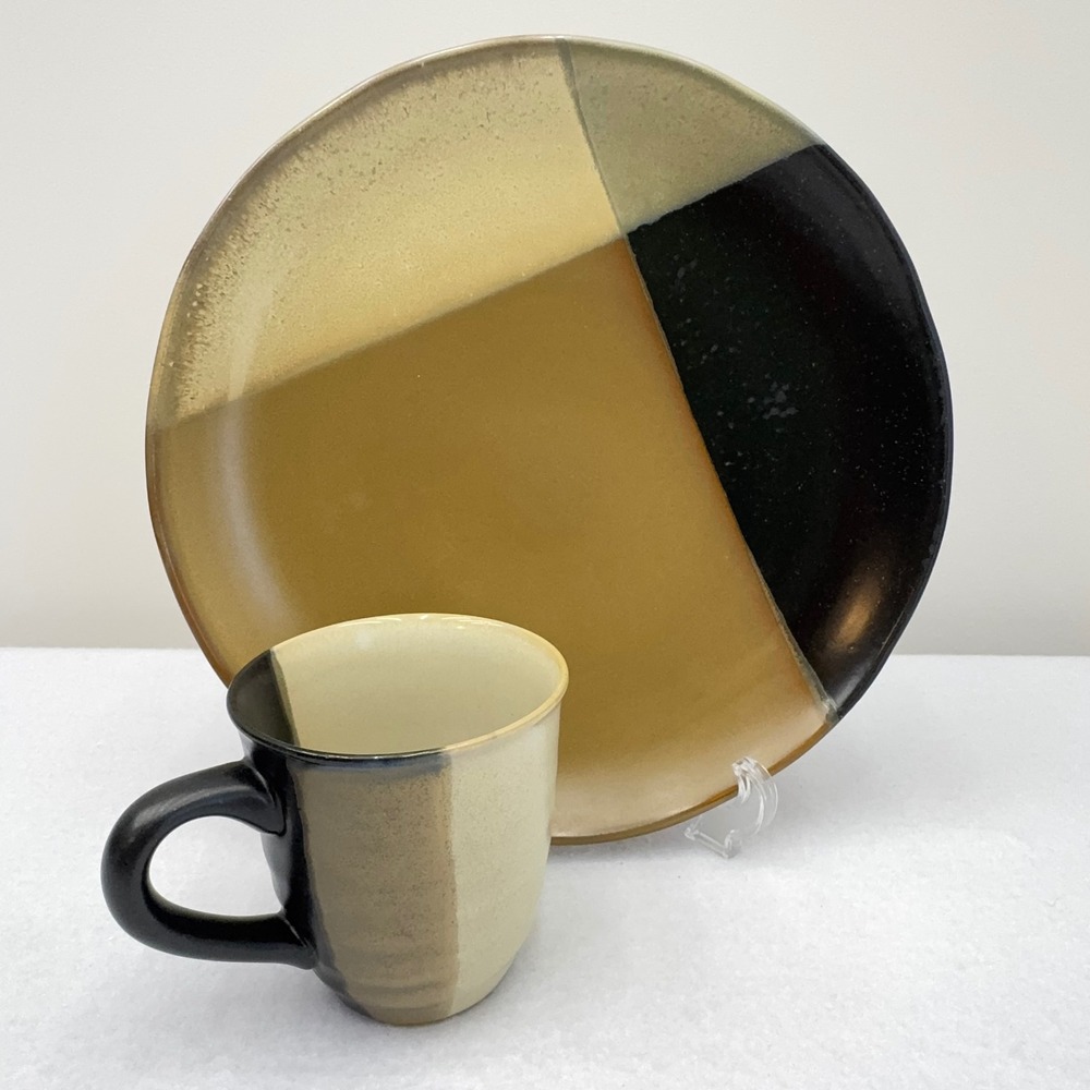 Sango Gold Dust Black 5022 Stoneware Plate Mug Set Tan Color Block Dinnerware